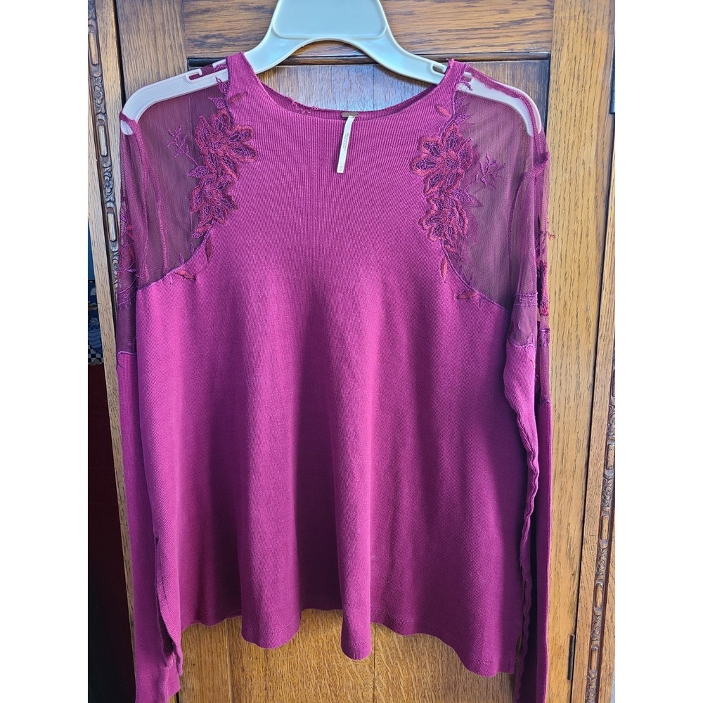 Free People Shirt Womens M Daniella Illusion Ribbed Sheer Lace Shoulder